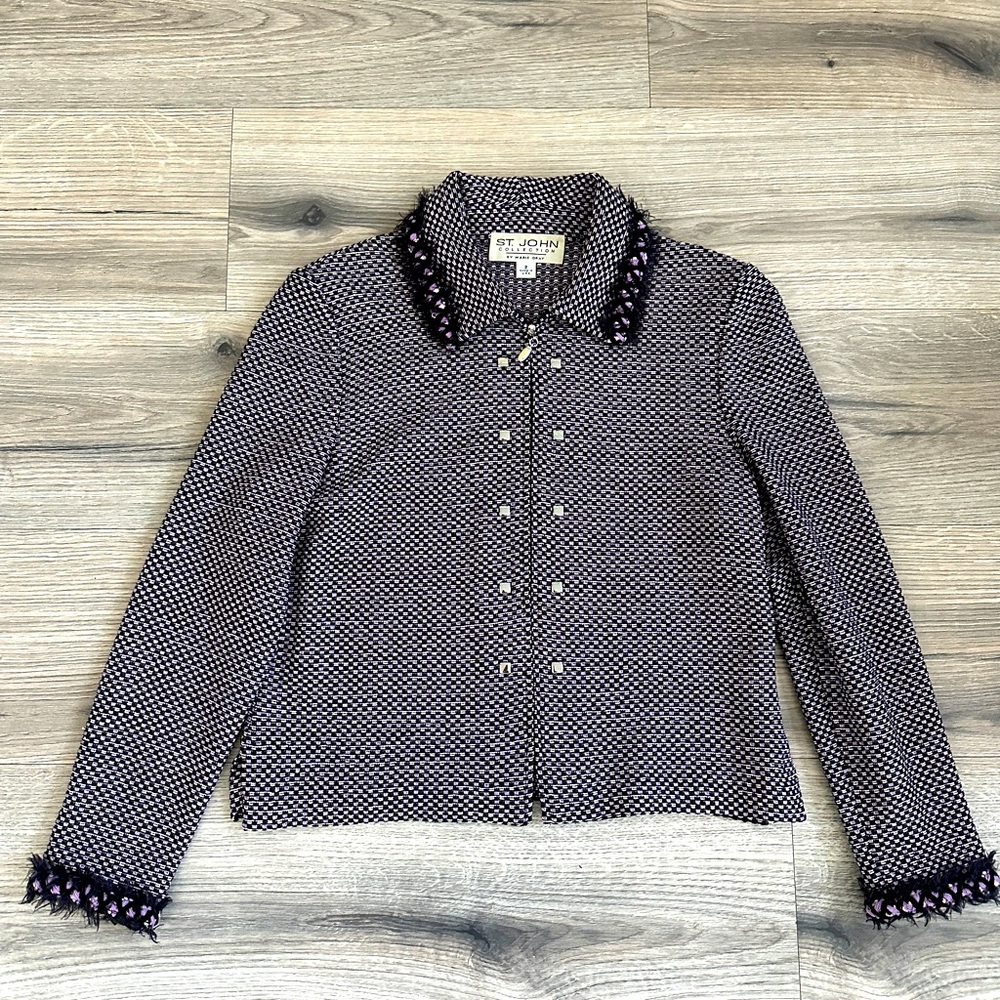 St. John Lilac Black White Cropped Knit Jacket Blazer w/ “Chanel Style” | Size 2